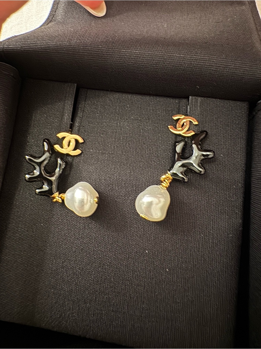 CHANEL 2026 Coco Beach Gold CC Black Coral and Pearl Drop Earrings